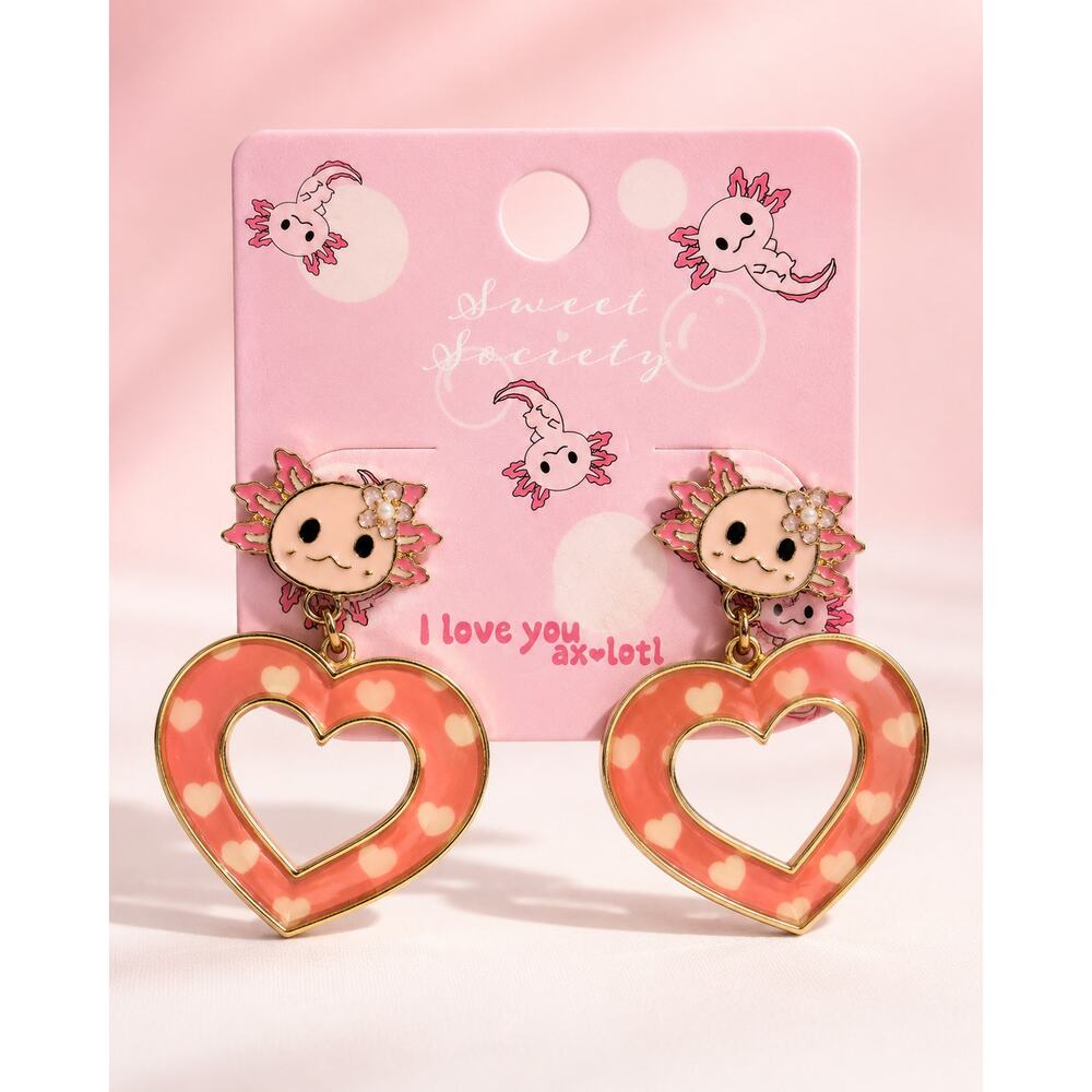Sweet Society Hot Topic Kawaii Axolotl Heart Dangle Earrings